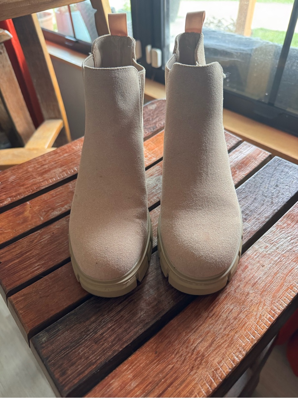 Beige Suede Lug-Sole Chelsea Heeled Boots